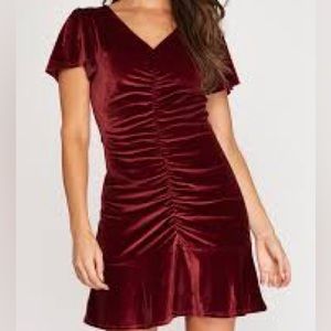 She & Sky Red Velvet Ruched mini dress
